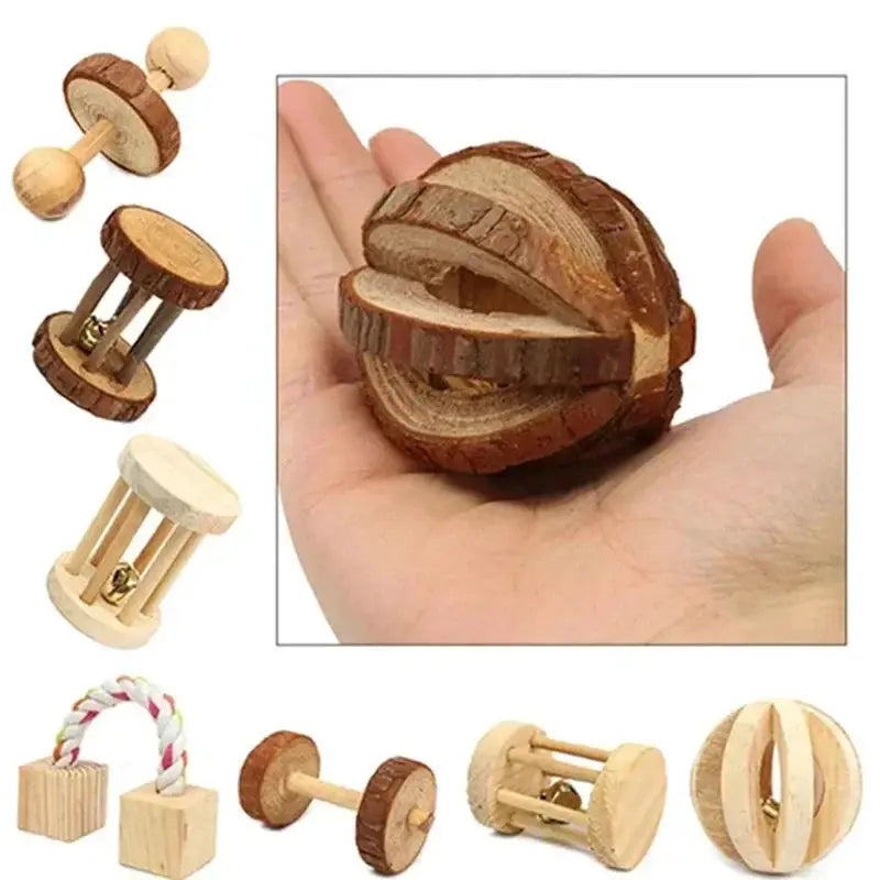 Natural wooden pine chew toy set for small pets; includes dumbbell and roller designs for guinea pigs and rats