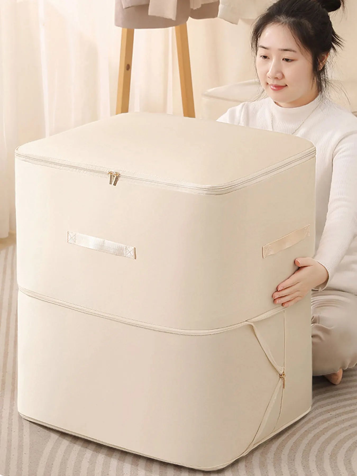 Simples Market gongsatin compression packing cube, large beige moisture-proof dustproof storage bag with side handles