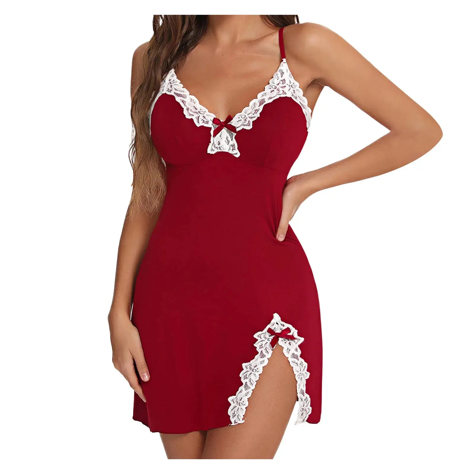 LuxeSilk Lace Silk Satin V Neck Nightgown Sleeveless Split Hem Soft Polyester Elastane For All Day Comfort