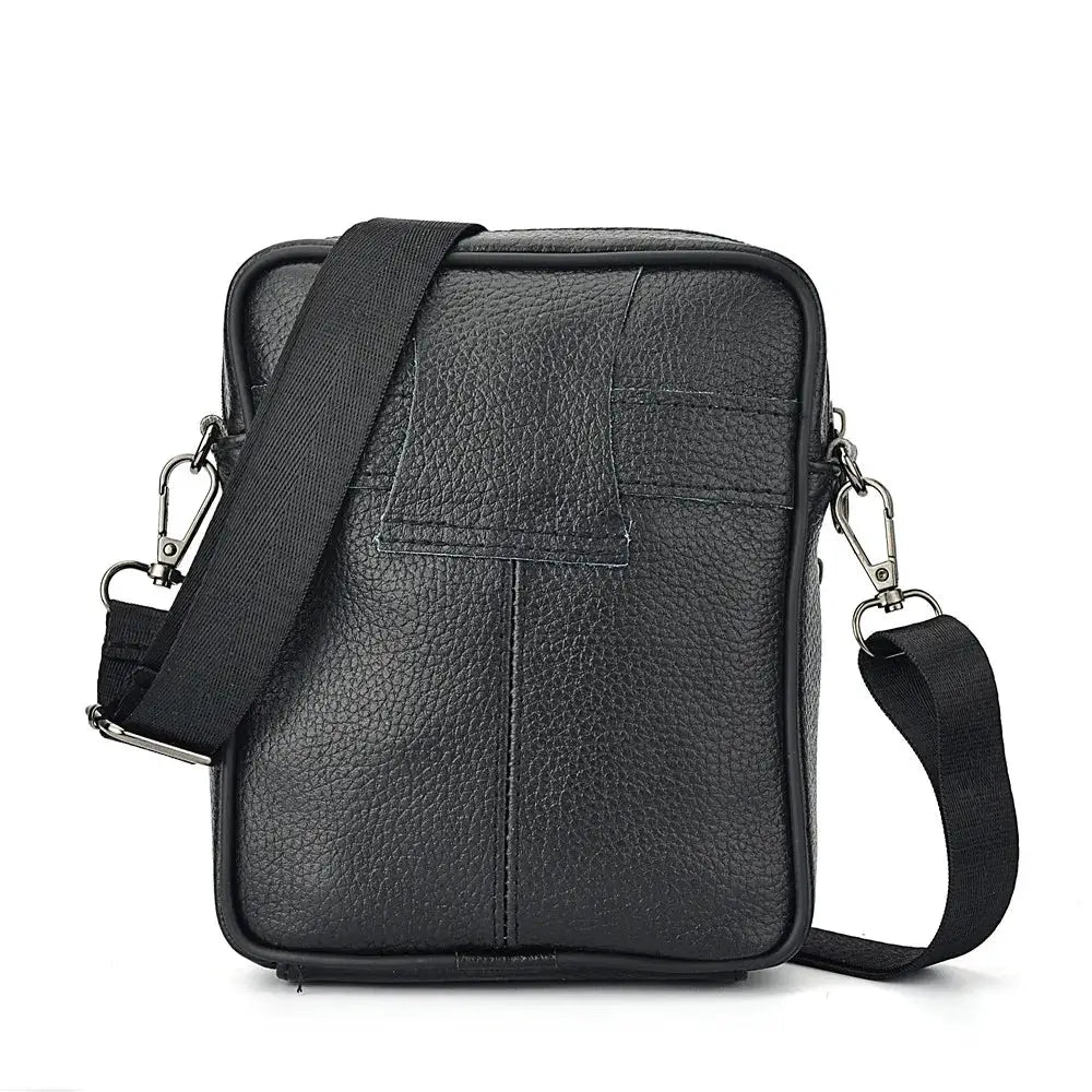 Men's black genuine leather crossbody bag with adjustable strap and zipper pocket