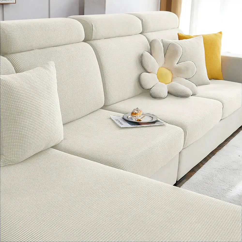Jacquard Pure Sofa Covers for sectional sofa with chaise in cream polar-fleece stretch fabric