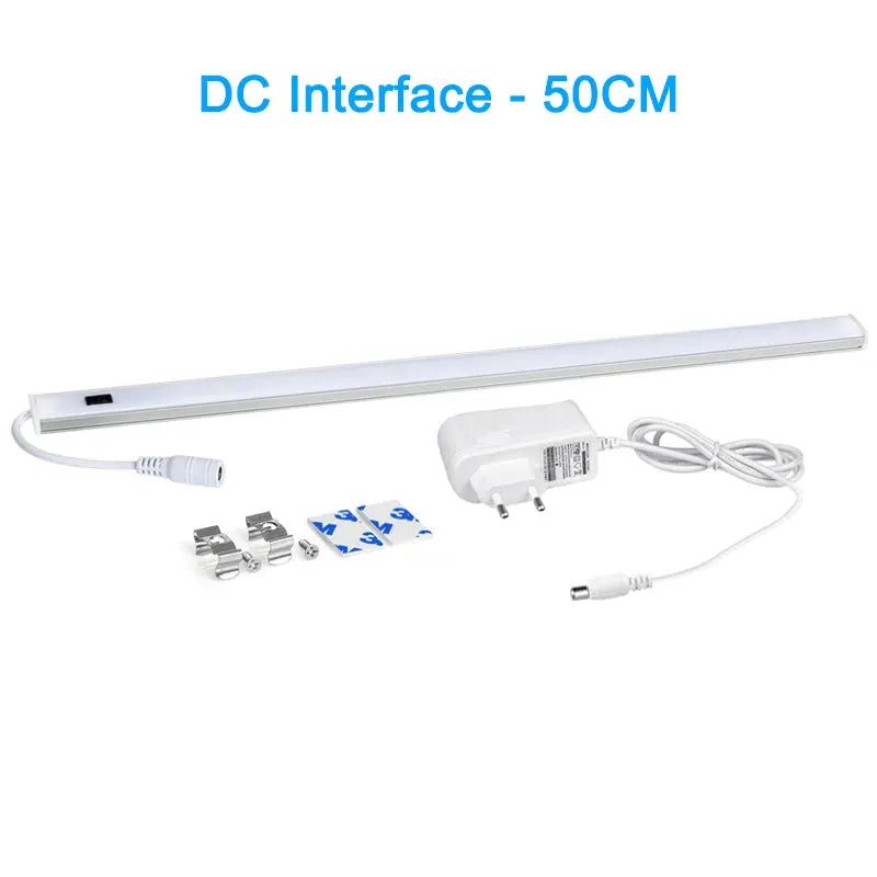 LED under-cabinet light strip kit with PIR motion sensor, 50cm, white; includes adapter and mounting clips