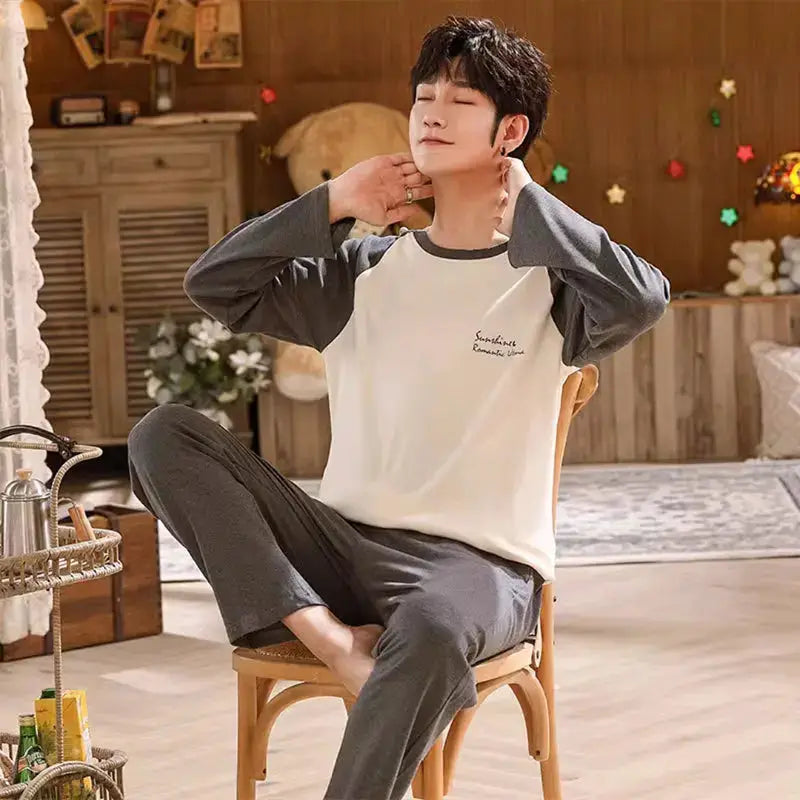 2PCS/Set Men Pajamas Long-Sleeved Korean Version of the Simple Button down Tops and Pants Nightwear Homewear Plaid Sleepwear