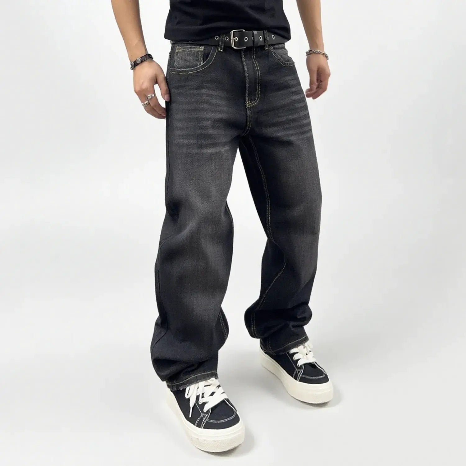 LIYS Spring Men's black baggy straight-leg denim jeans by Simples Market with retro wash