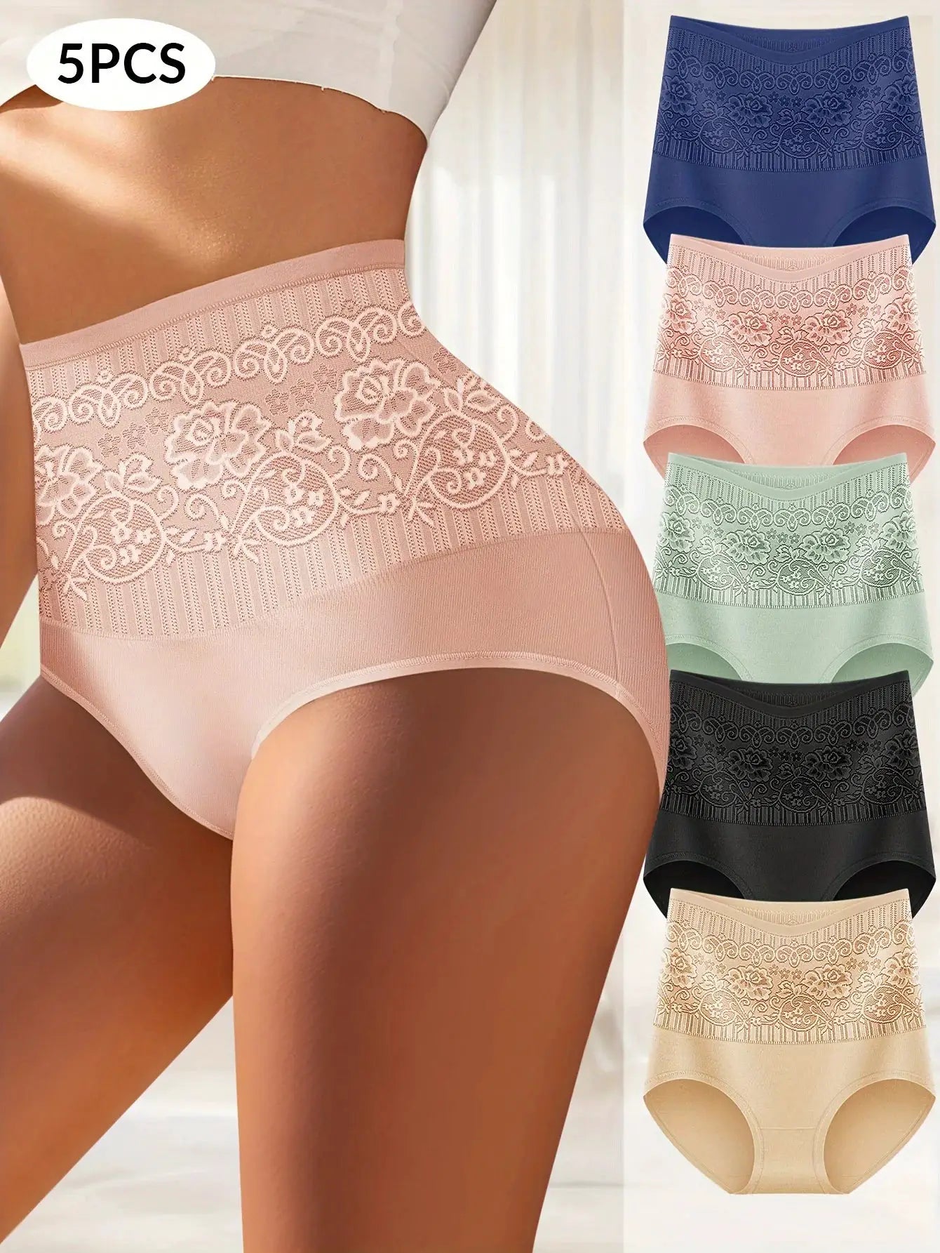 5pcs high-waisted tummy-tuck panties with jacquard lace cotton blend in assorted colors.