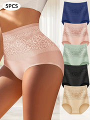 5pcs high-waisted tummy-tuck panties with jacquard lace cotton blend in assorted colors.