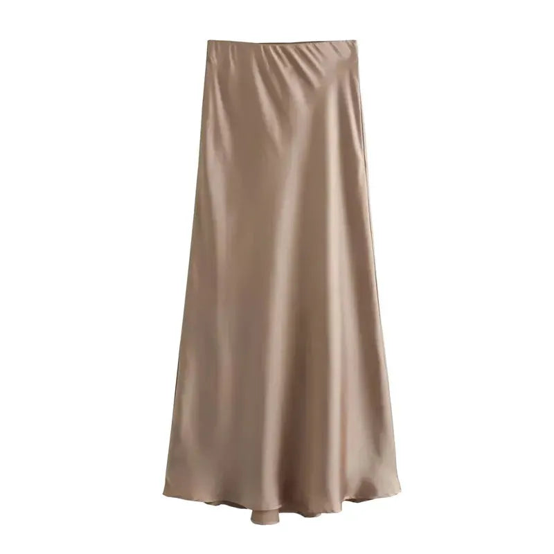 Mujer Satin High Waist Midi Skirt For Office Wear And Summer Essential For Women