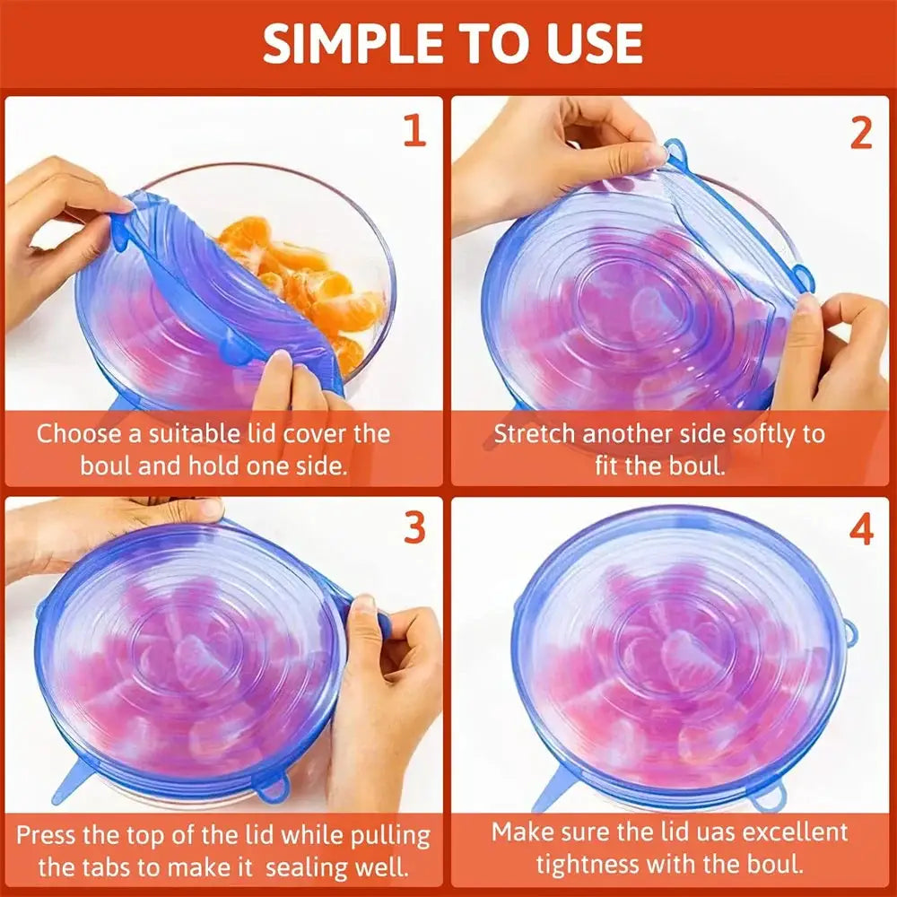 Six Piece Food Grade Silicone Preservation Covers Set Reusable Airtight Universal Fit Round Lids For Kitchen