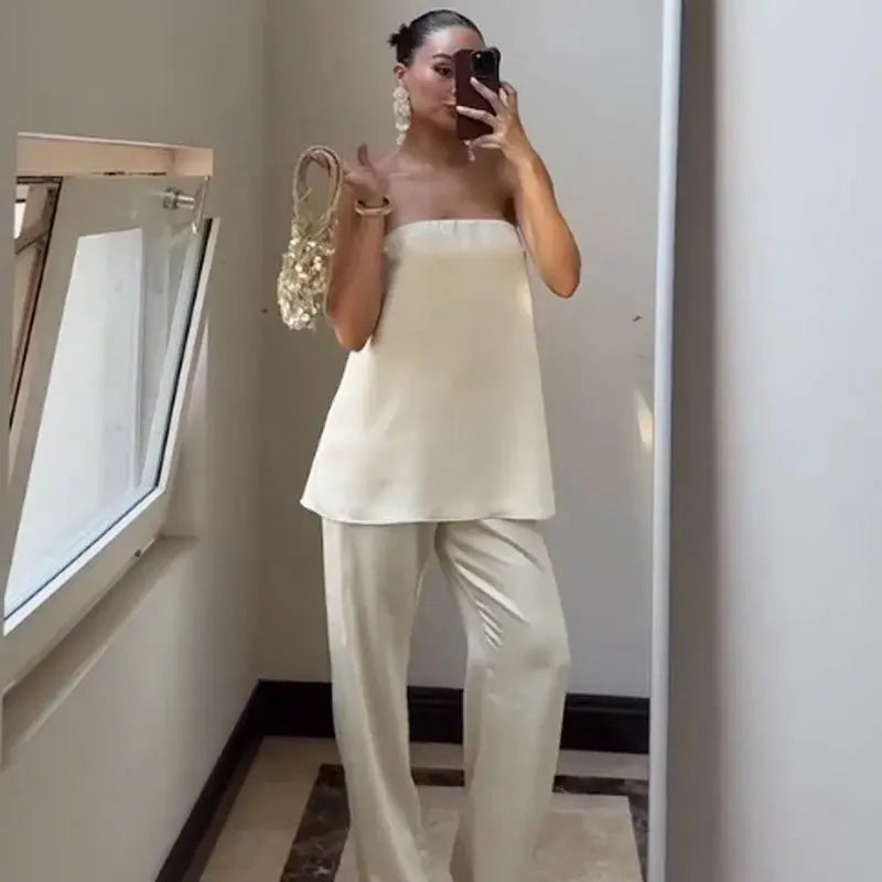 Satin Two Piece Set Women Off Shoulder Strapless Vest High Waist Pants
