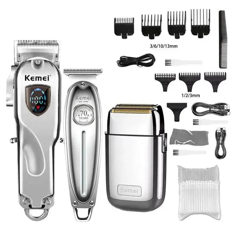 Kemei two-trimmer hair clipper kit with metal body in gold and silver, includes guards and USB charger