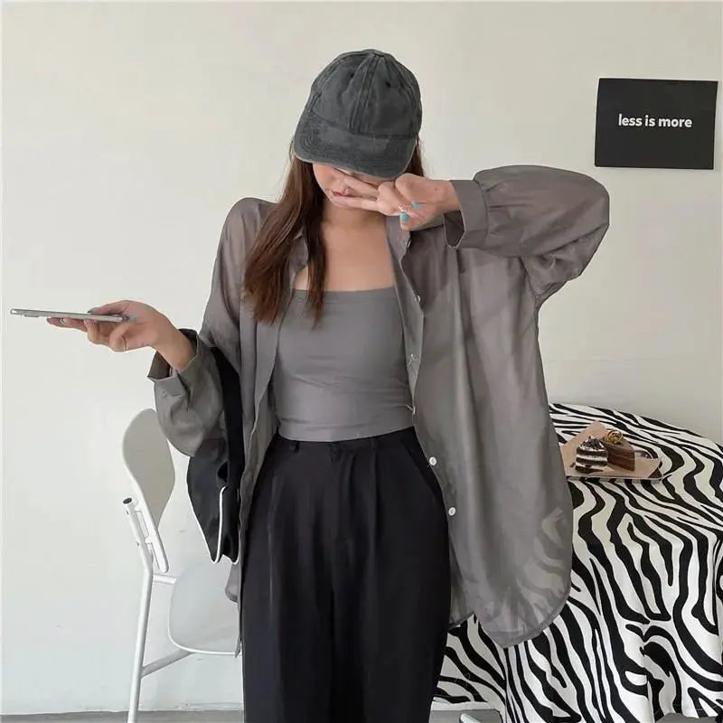 Xpqbb white chiffon shirt, sheer long sleeves, loose single-breasted blouse by Simples Market