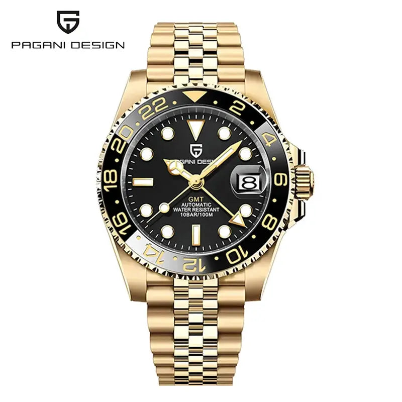 Pagani Design gold-tone stainless steel GMT automatic wristwatch with black dial, date window, and black bezel