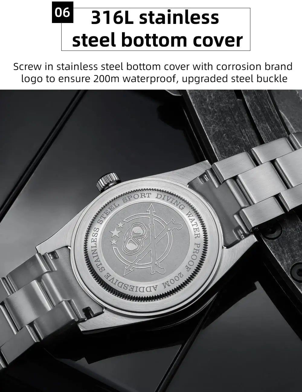 Simples Market ADDIESDIVE luxury men's analog watch, stainless steel bracelet, 200m water resistant case back.