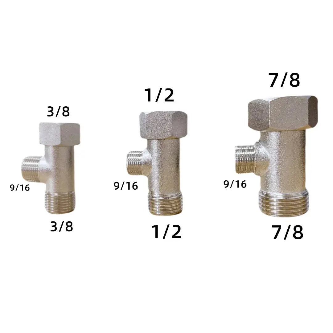 Simples Market brass T valve adapter set; three valves in 3/8, 1/2 and 7/8 inch sizes with 9/16 inch threads
