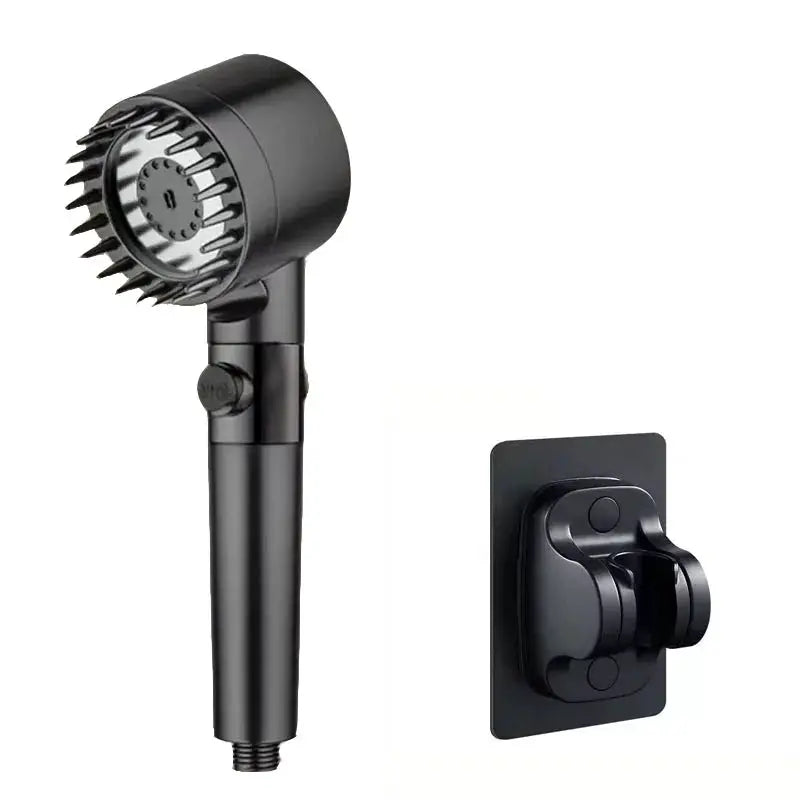 Portable black showerhead with wall-mount bracket, three-mode water output