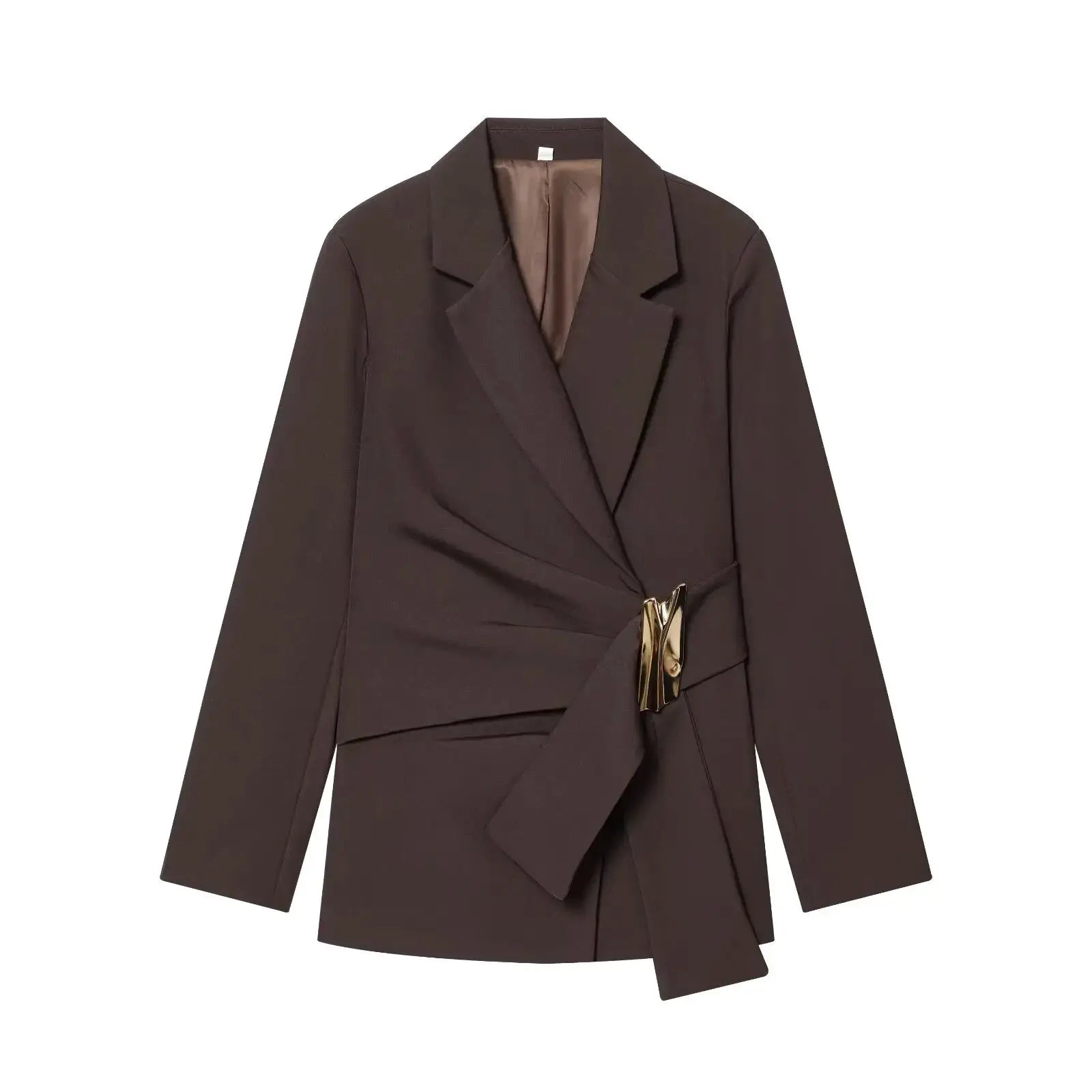 KONDALA brown wrap-front blazer with long sleeves and gold-tone buckle belt