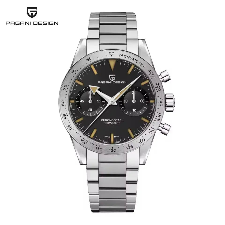 Pagani Design stainless steel men's chronograph watch with black dial, tachymeter bezel, two subdials.