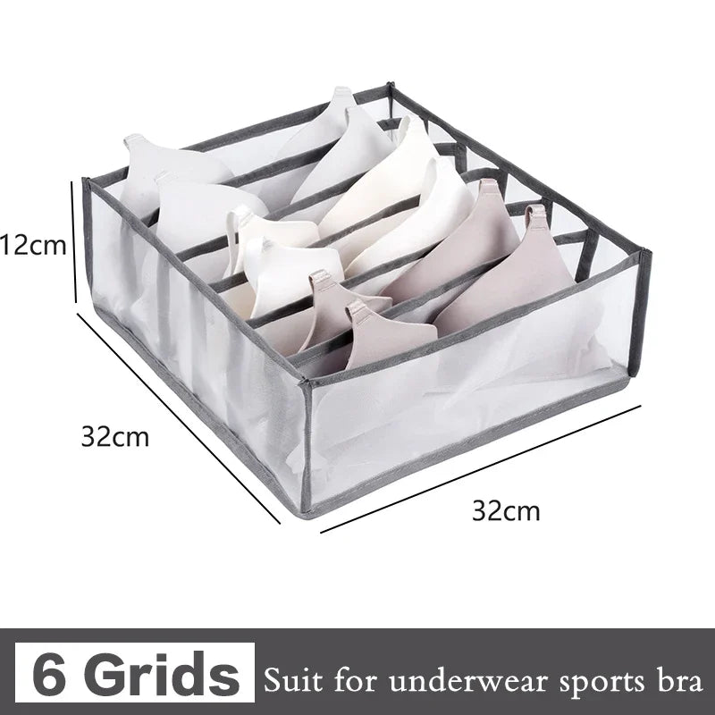 6-grid underwear organizer storage box with gray edging and translucent sides, 32x32x12 cm, for bras, panties, socks