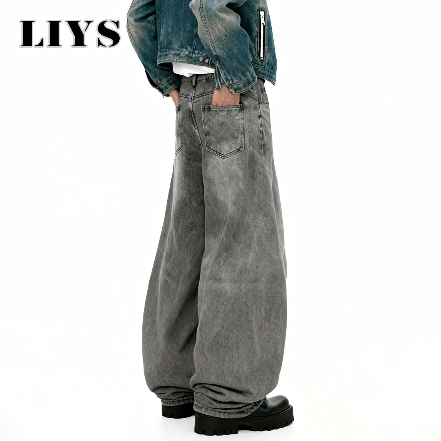 Gray denim baggy wide-leg jeans for men by Simples Market
