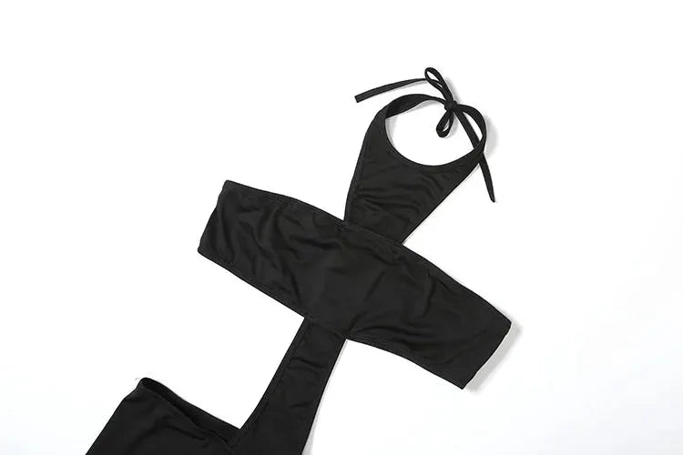 kliou cross-cut halter jumpsuit, black backless bandage-style one-piece