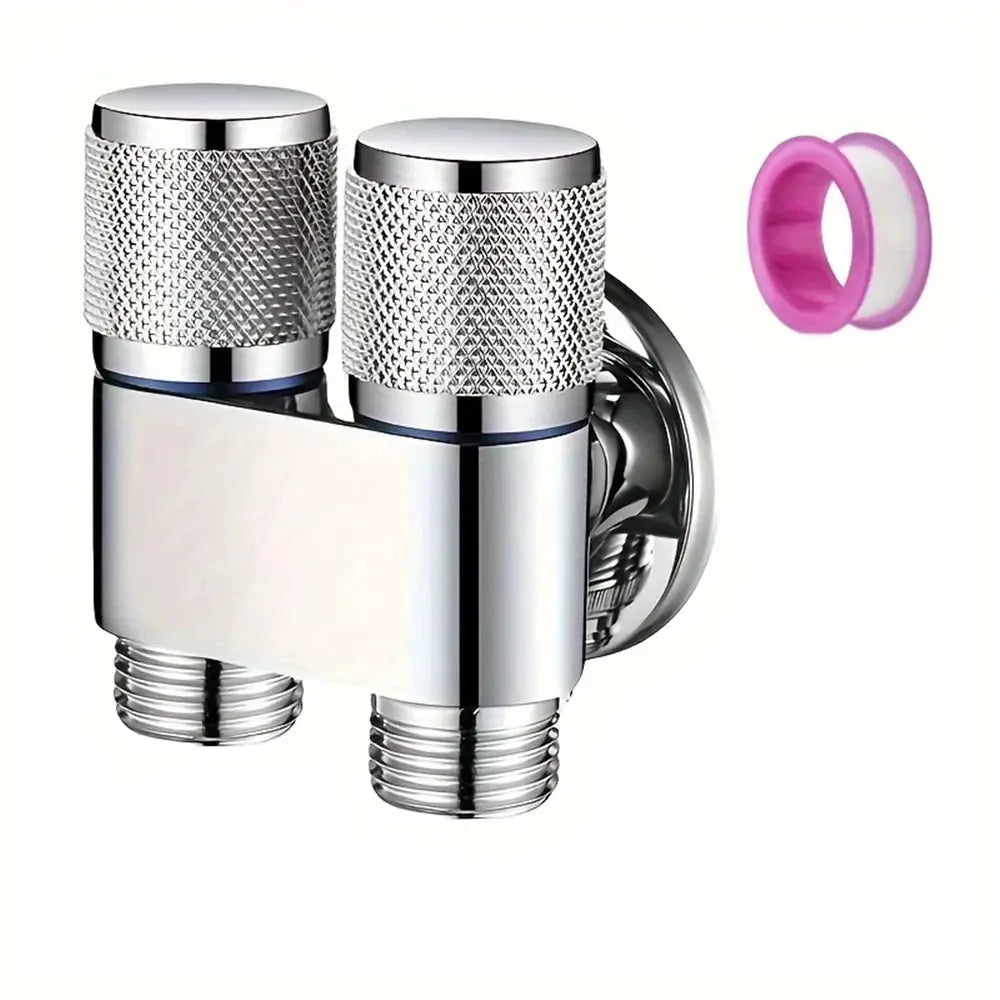 Stainless steel angle valve with 1 inlet and 2 outlets, dual control handles, chrome finish