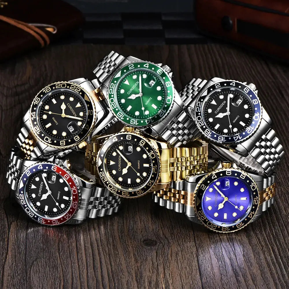 Men Calendar Quartz Watch With Green Dial Stainless Steel Band Full Calendar Function Casual Everyday Timepiece