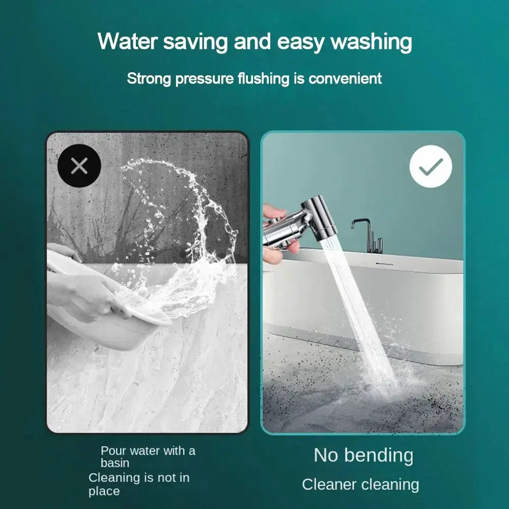 Simples Market water-saving portable handheld bidet sprayer; contrasts basin cleaning, no-bending cleaning.