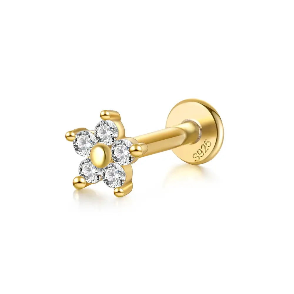 Gold-tone flower stud earring with four clear zircon stones on 925 sterling silver base