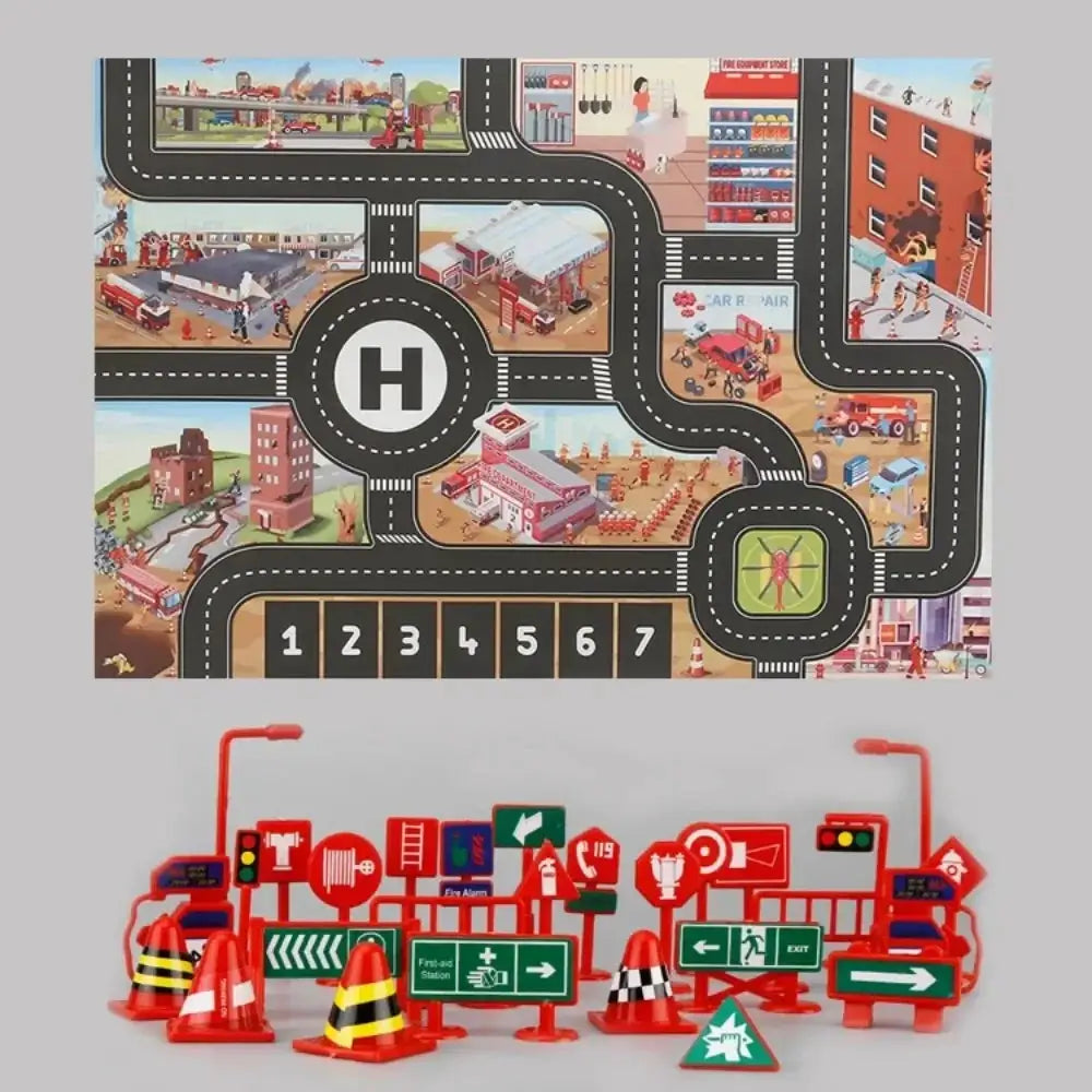 City Traffic Road Map Play Mat For Toddlers With Roads Buildings Parking Lots And Traffic Signs