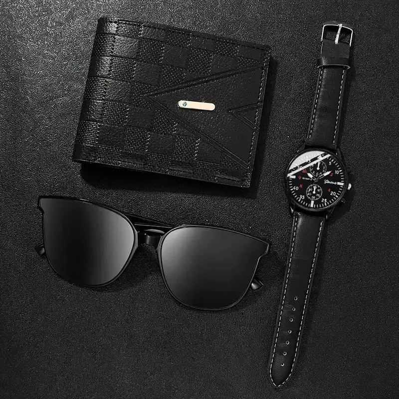 Men's Quartz Watch Sunglasses And Casual Wallet Gift Set Three Piece Versatile Accessory Collection For Men