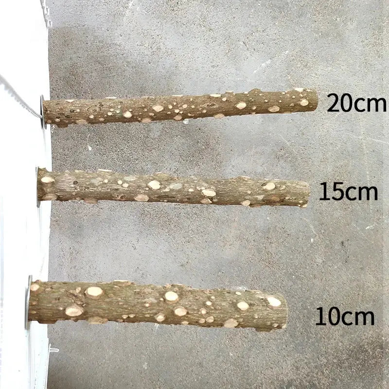 Three wooden bird perch bars in 10, 15 and 20 cm lengths with bark coating for cages