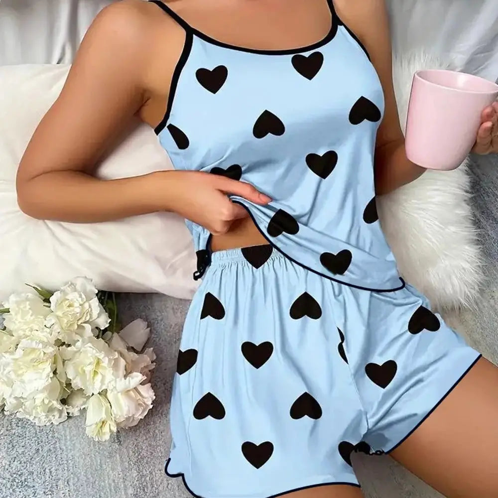 DreamWeave Ice Silk T Shirt And Shorts Pajama Set For Women Pink Heart Print Cozy Summer Comfort