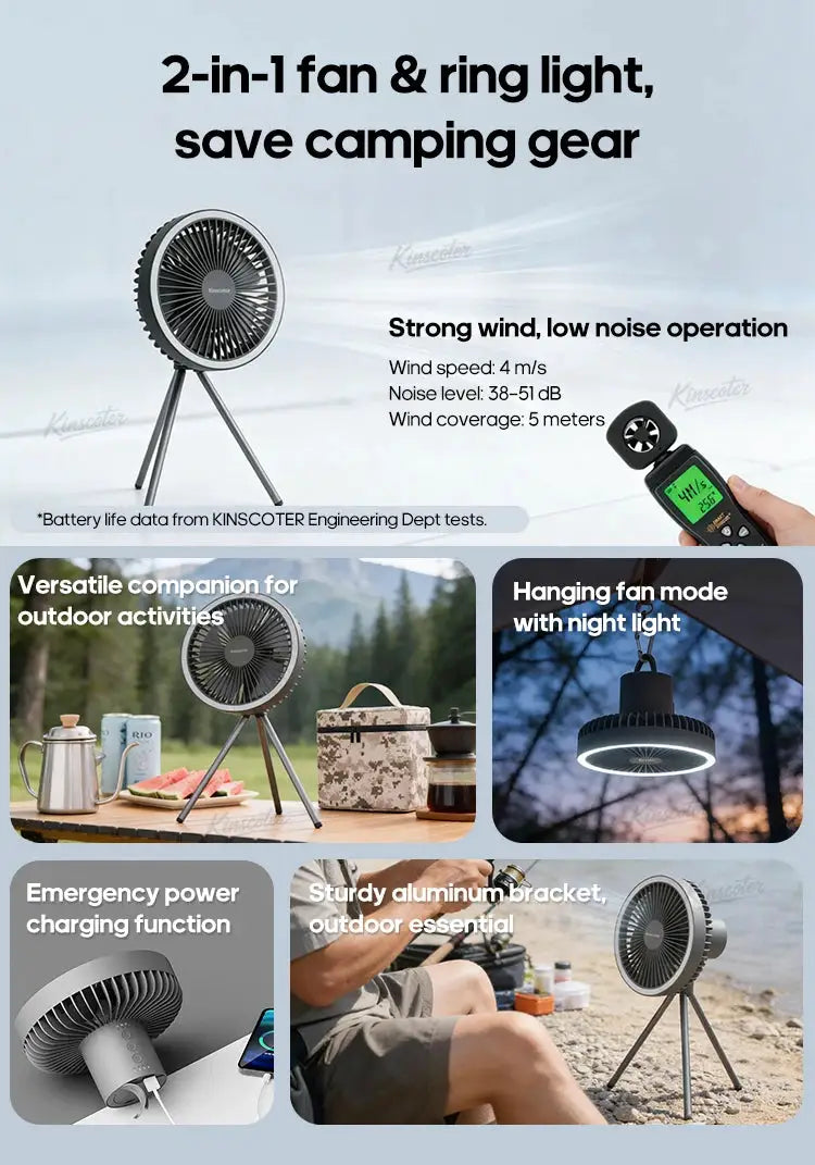 Camping fan by Simples Market, 10000mAh with LED ring light on tripod, 2-in-1 rechargeable desktop fan.