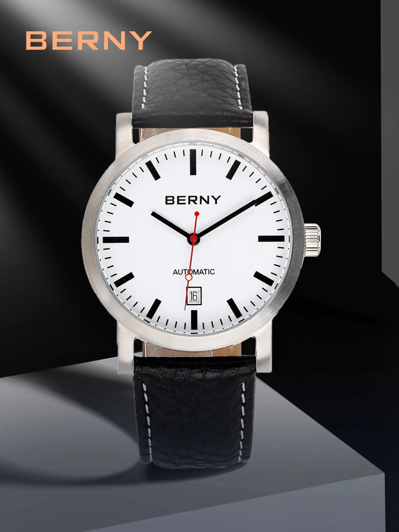 BERNY men's wristwatch with white dial, black leather strap, automatic movement and date display