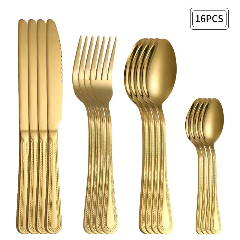 24 Piece Stainless Steel Gold Cutlery Set For 6 With Steak Knives Forks Spoons Dessert Forks Restaurant Kitchen
