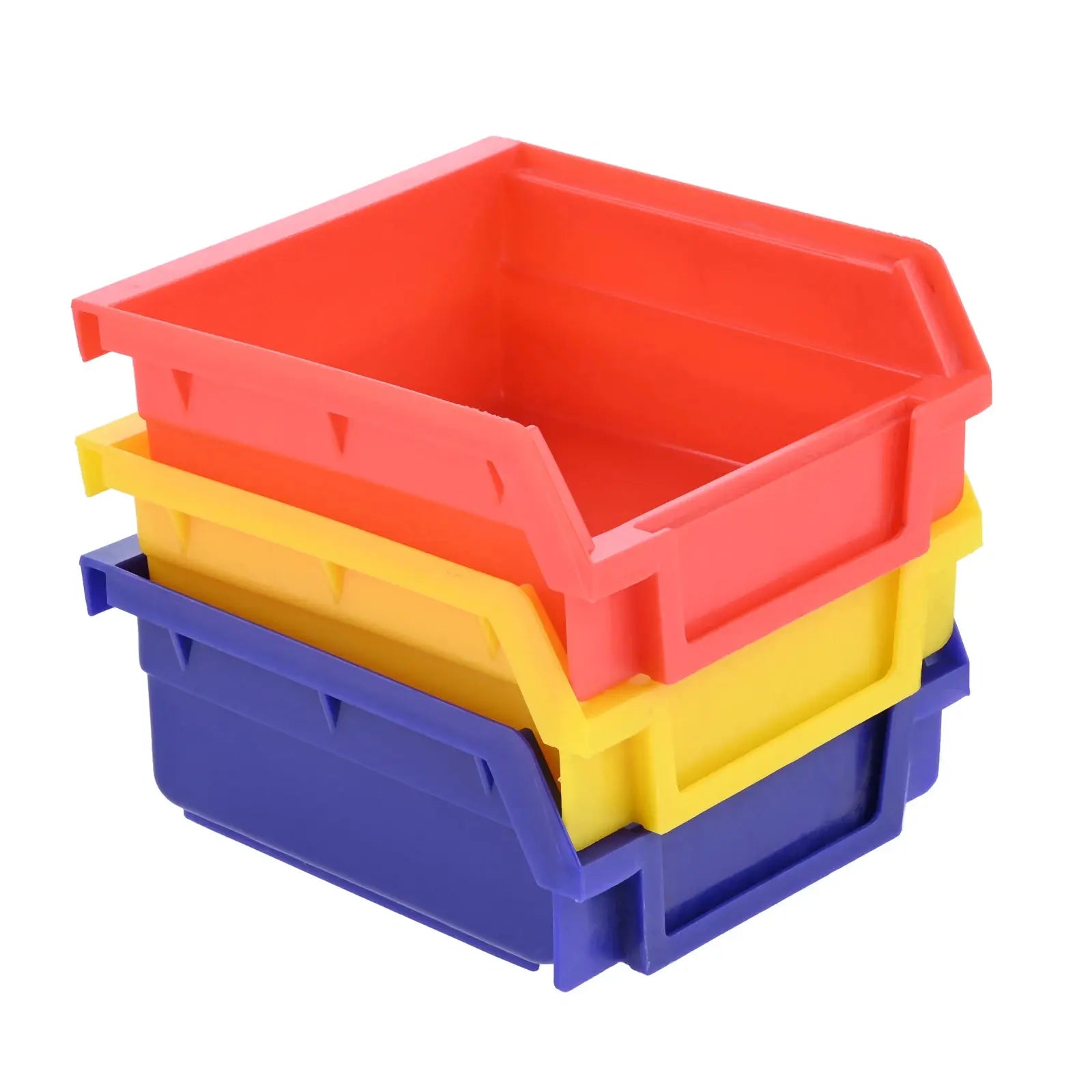 ABS stackable storage bins set in red, yellow, and blue for garage organization.