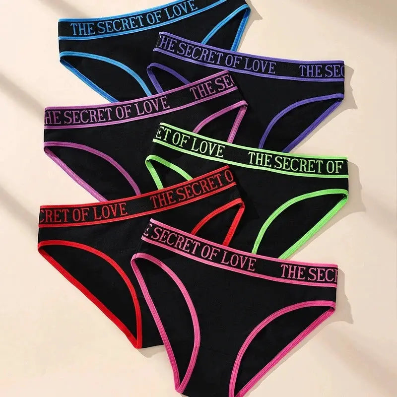 6-pack women's cotton panties in black with neon waistbands in blue, purple, pink, green, red, lime.