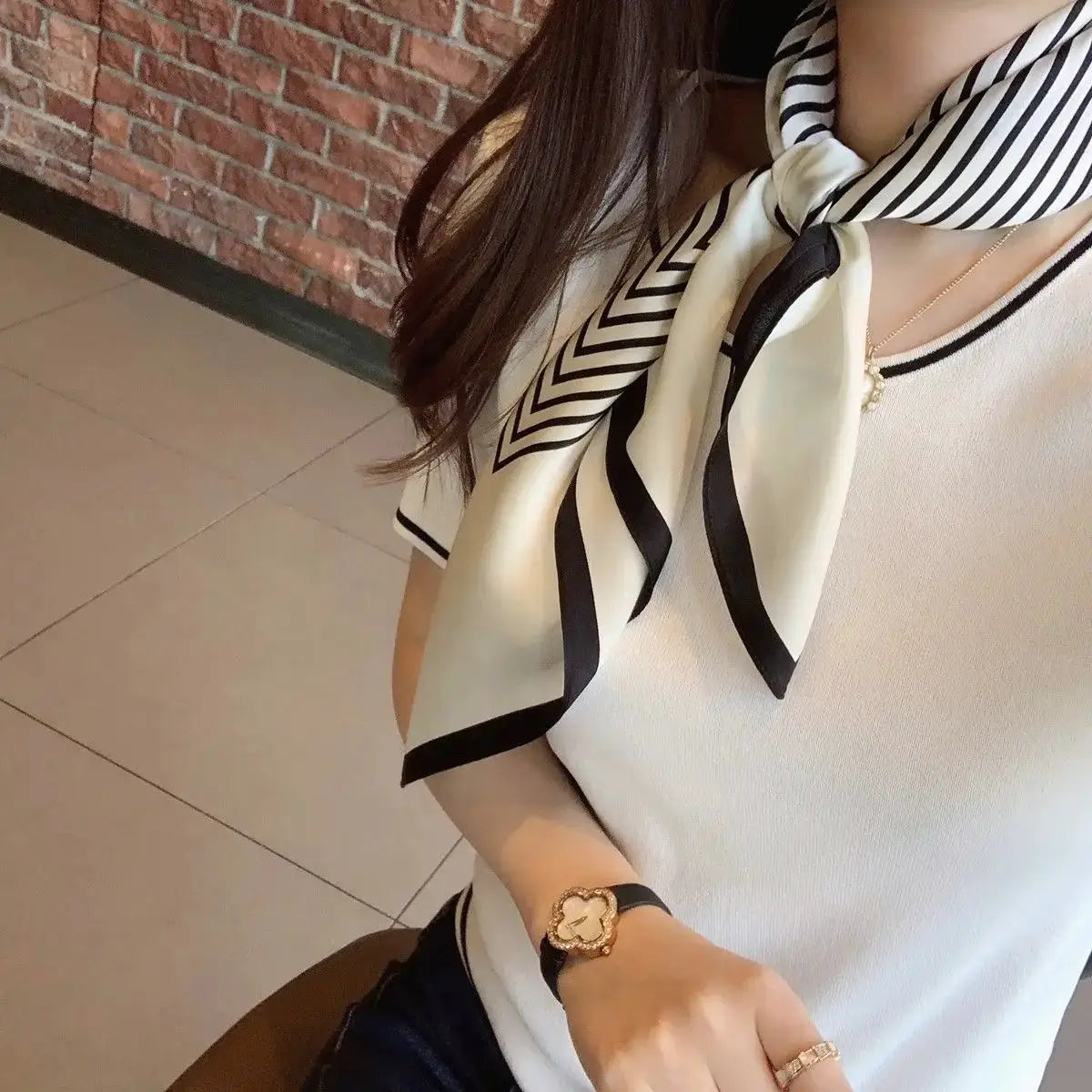 Korean Style Women Striped Brocade Square Scarf 70cm Headscarf for Everyday Wear