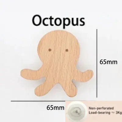 Octopus wooden wall hook by Simples Market, natural wood finish, 65mm size