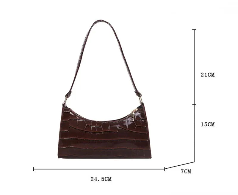 Brown alligator-pattern PU leather handbag for women with shoulder strap, underarm messenger bag, 24.5 cm long