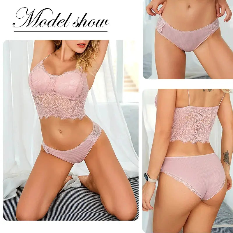 Simples Market pink lace underwear set; 3-piece cotton low-rise panties with patchwork lace.