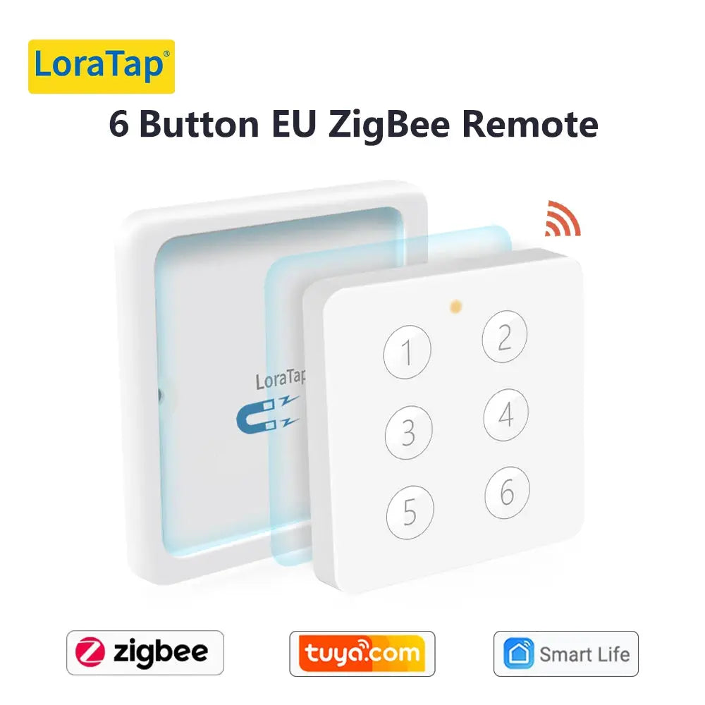 LoraTap 6-Button EU ZigBee remote switch, white plastic with numbered buttons, by Simples Market.