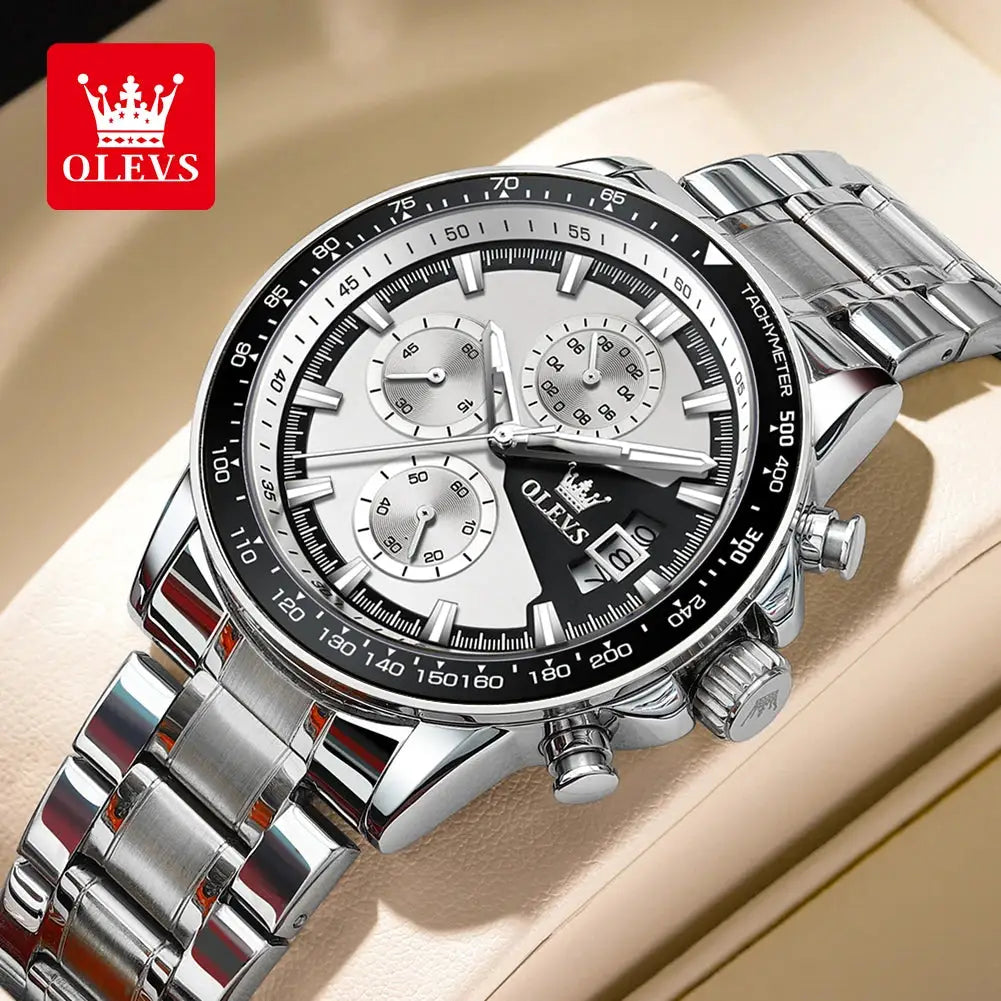 OLEVS TY705 men's stainless steel wristwatch with black dial, silver subdials and luminous hands