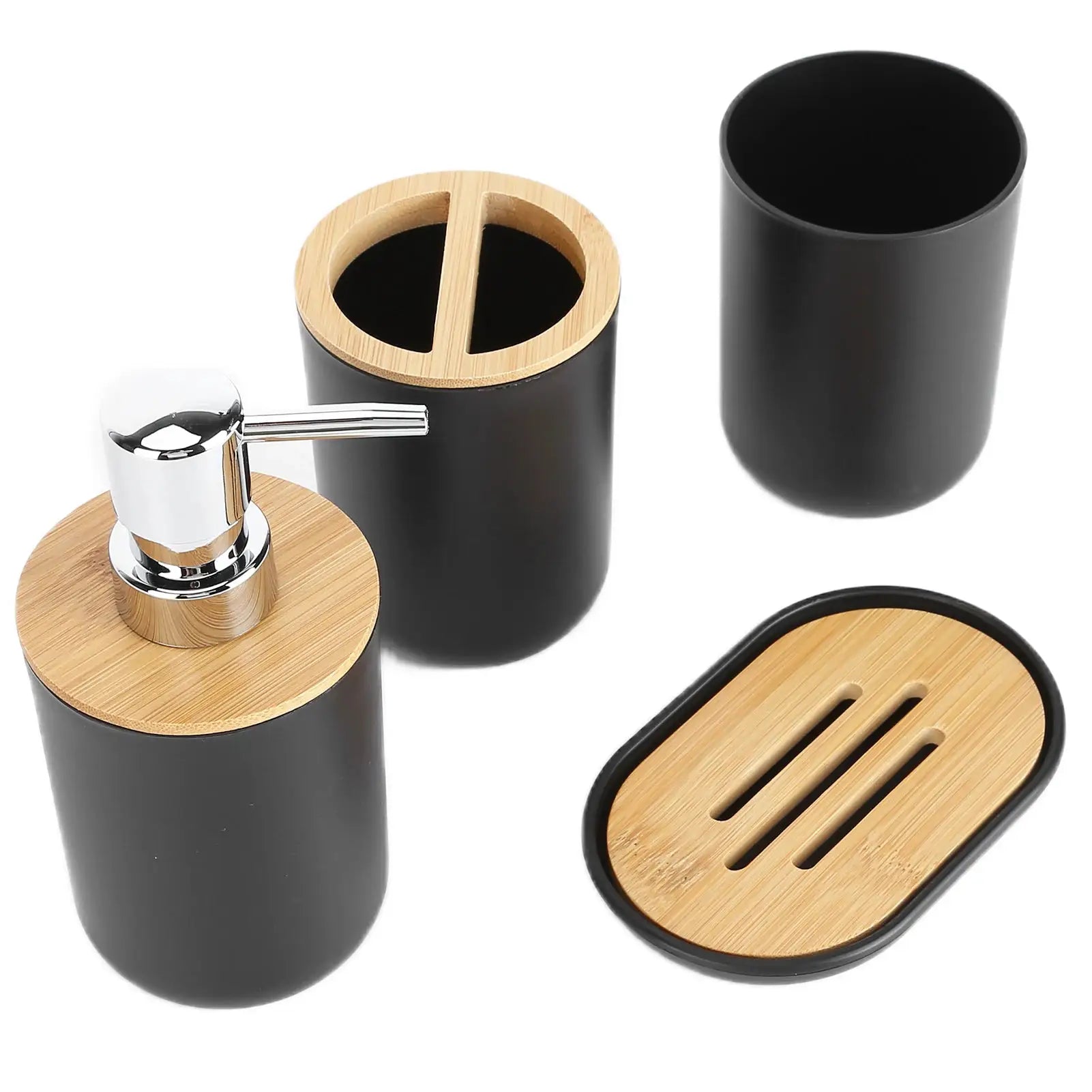 4-piece bamboo bathroom set in black with bamboo lids; includes dispenser, toothbrush holder, tumbler and soap dish