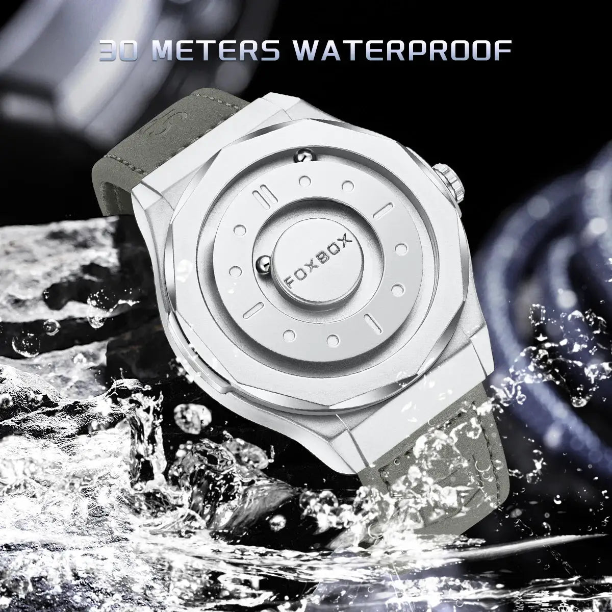 FOXBOX men's stainless steel quartz watch with gray strap, FOXBOX logo on case back, 30 meters waterproof