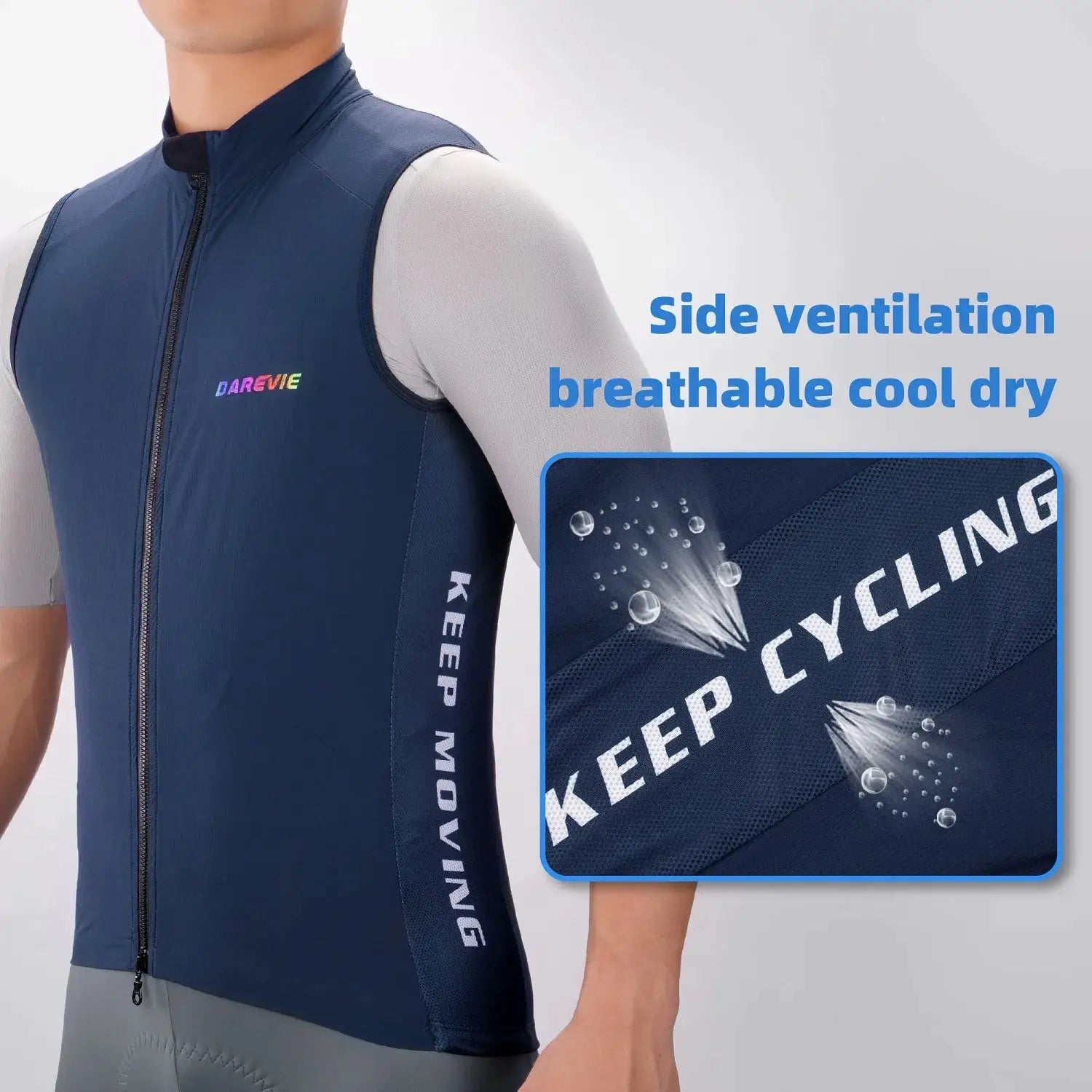 DAREVIE cycling vest in navy blue with 2-way zipper, windproof breathable fabric and side ventilation