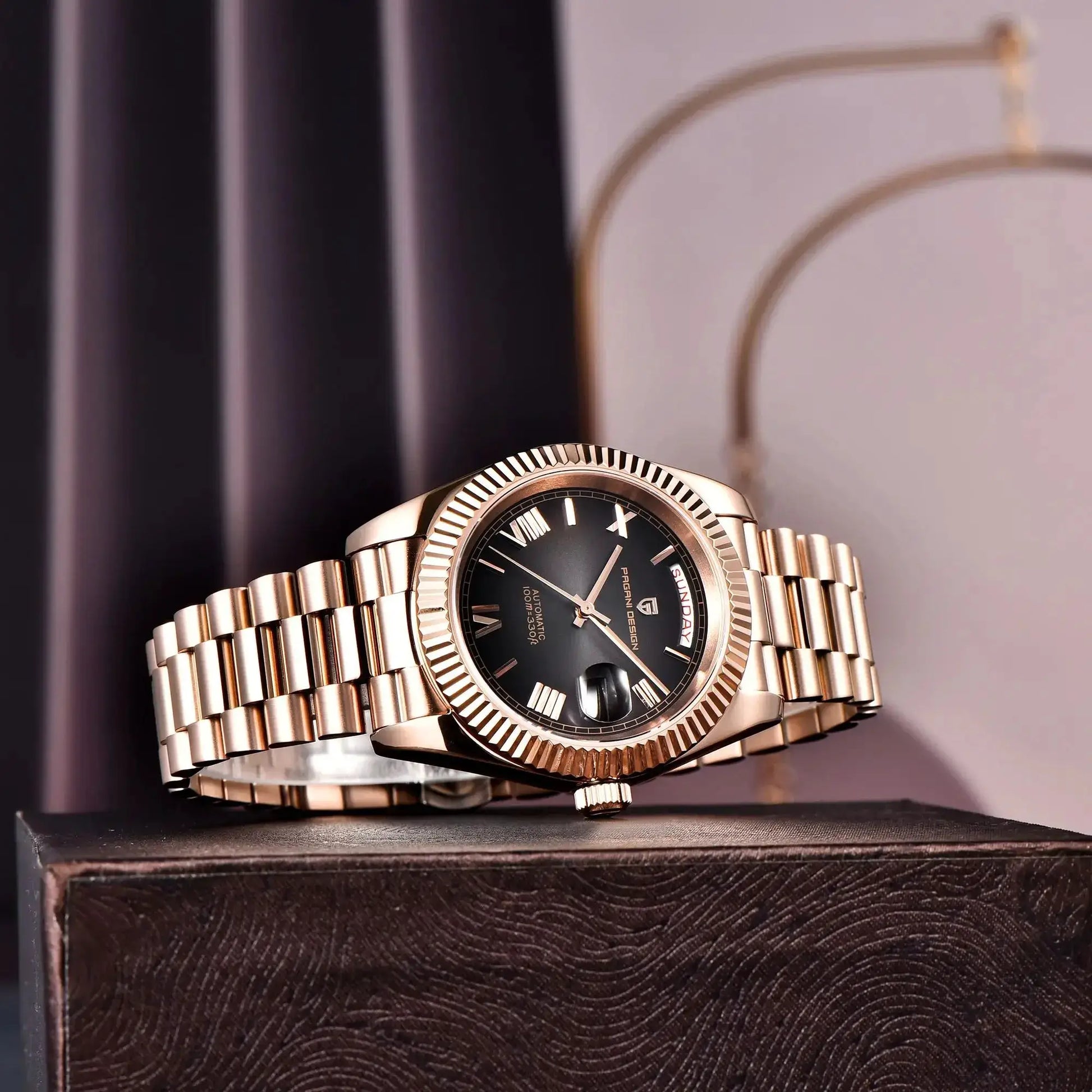 Pagani Design rose-gold DD40 automatic men's watch with black dial and stainless steel bracelet