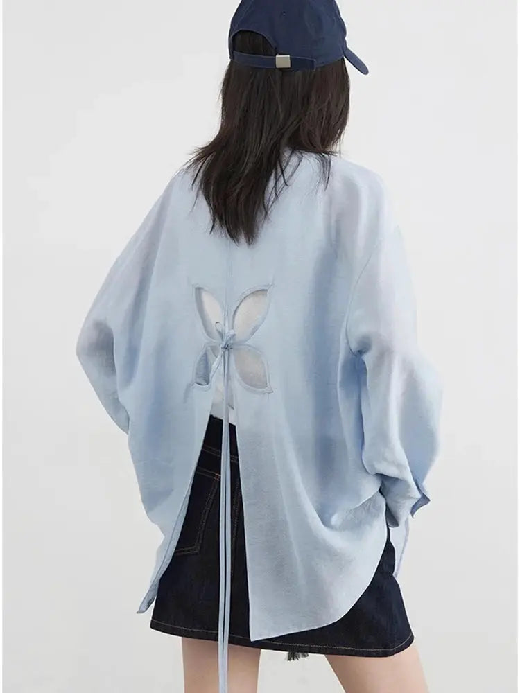 CHIC VEN women’s light-blue long-sleeve blouse with back butterfly cutout and tie strings