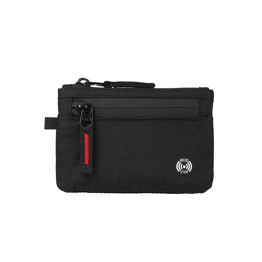 Simples Market RFID card holder wallet with carabiner, black nylon slim case.