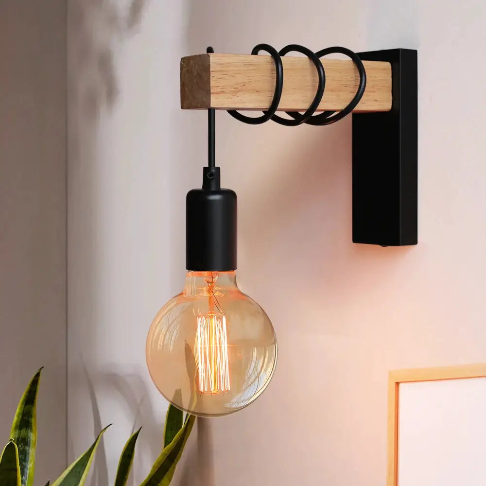 Wall light with black iron mount and natural wood beam, hanging Edison bulb, Simples Market